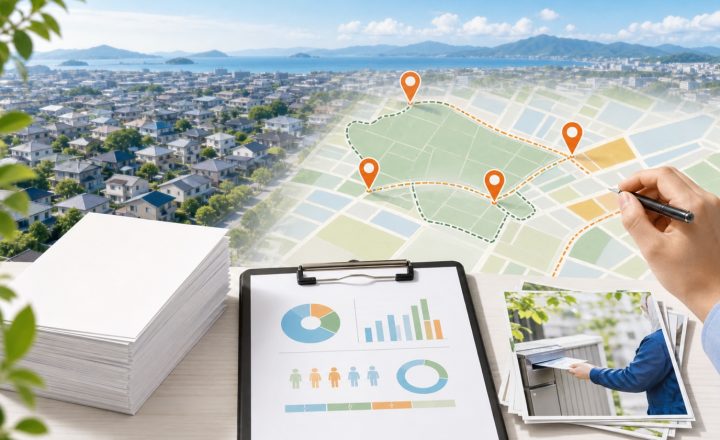 愛媛の住宅地を対象にポスティングの配布エリアと反響を分析するイメージ