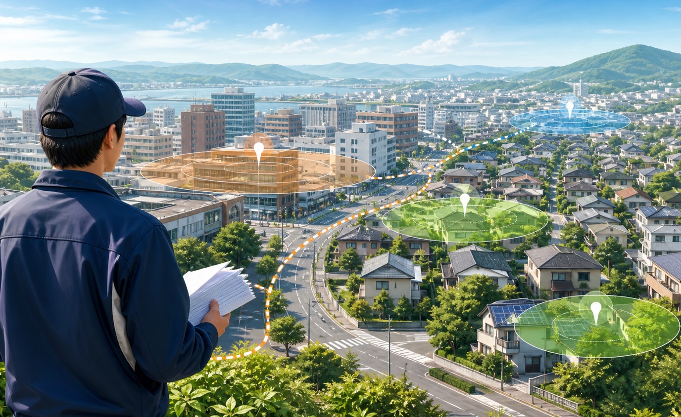 福山市の市街地と住宅地からポスティングの配布エリアを選ぶイメージ